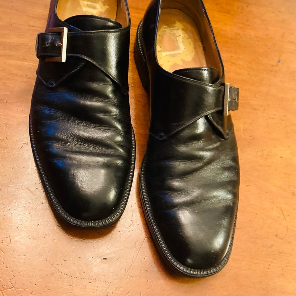 Salvatore Ferragamo mens monk strap loafers gloss black leather rubber sole